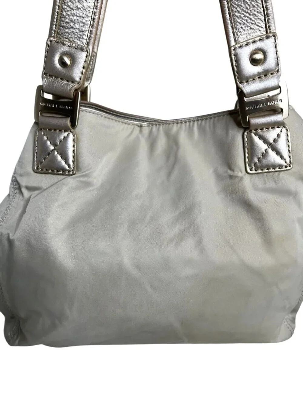 Michael Kors Metallic Beige/Silver Nylon Shoulder Bag With Buckle Detail